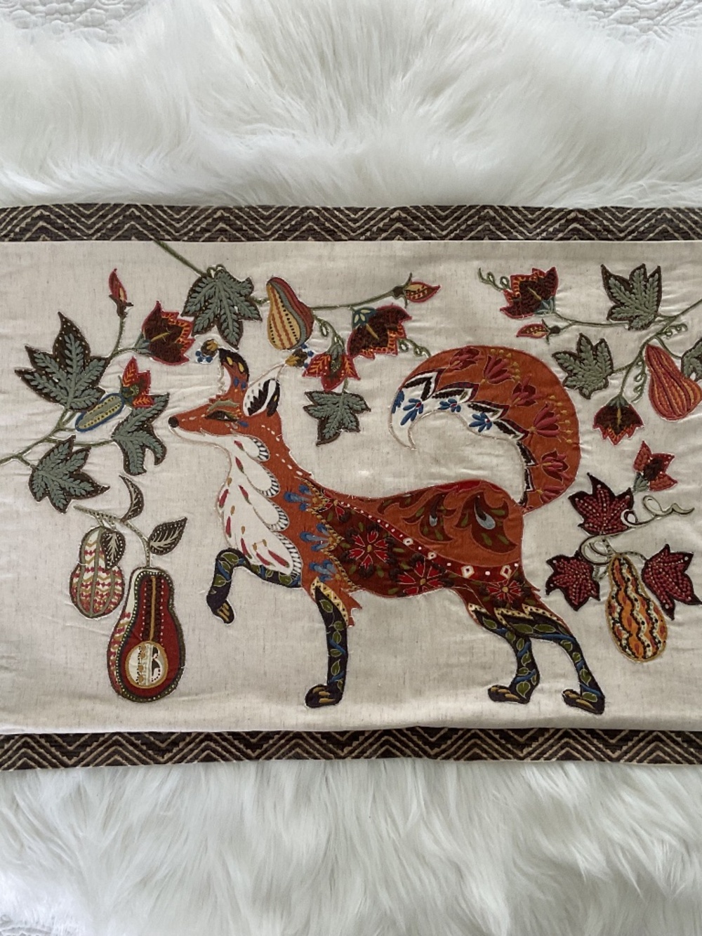 Pottery Barn Fox Embroidered Lumbar Pillow Cover Woodland Cabin Lake Cottage